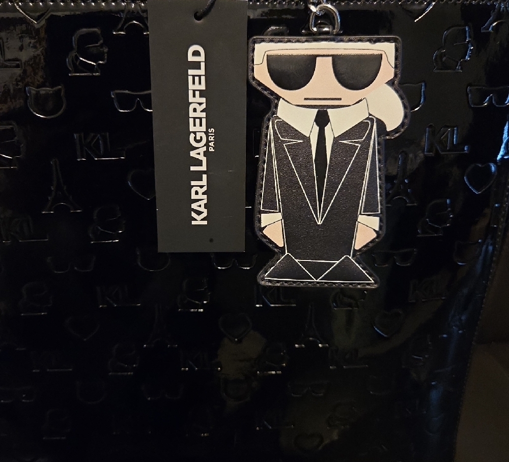 Karl Lagerfeld Glossy Black Tote with Iconic Charm - Picture 2 of 4